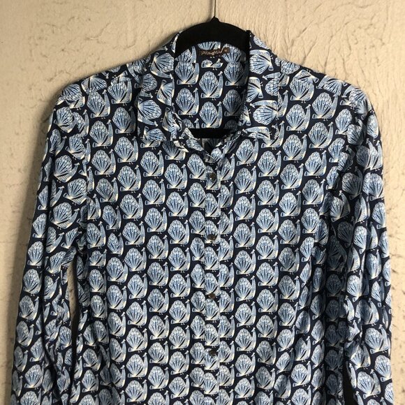 J Mclaughlin Top Womens Medium Blue Peacocks Print All Over Classic Cotton - Picture 2 of 15